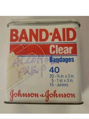 Vintage 80s Band Aid Clear Bandages Empty Metal Tin Hinged Lid 40 Count J&J